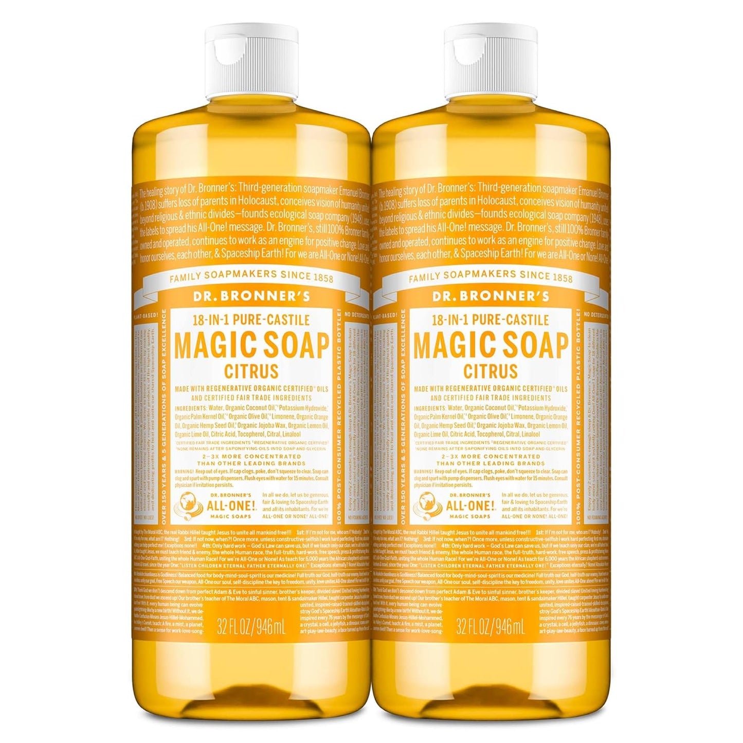 - Pure-Castile Liquid Soap (Citrus, 32 Ounce, 2-Pack) - Made with Organic Oils, 18-In-1 Uses: Face, Body, Hair, Laundry, Pets and Dishes, Concentrated, Vegan, Non-Gmo