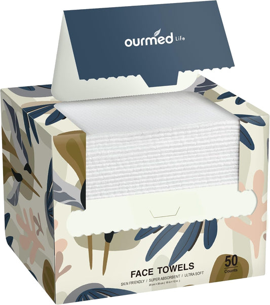 Disposable Face Towel | Lint-Free Biodegradable Towels | Face Clean Dry Makeup Remover Wipes | Super Soft & Thick for Sensitive Skin | 10-Inch X 12-Inch Extra Large | 50 Count