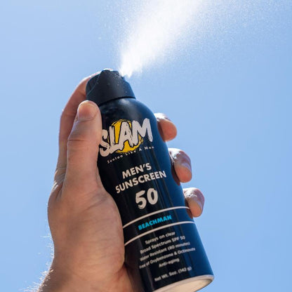 SLAM Men'S Scented Sunscreen Spray SPF 50, Manly Fragrance, Paraben-Free Formula for Younger Looking Skin, Beachman Aroma