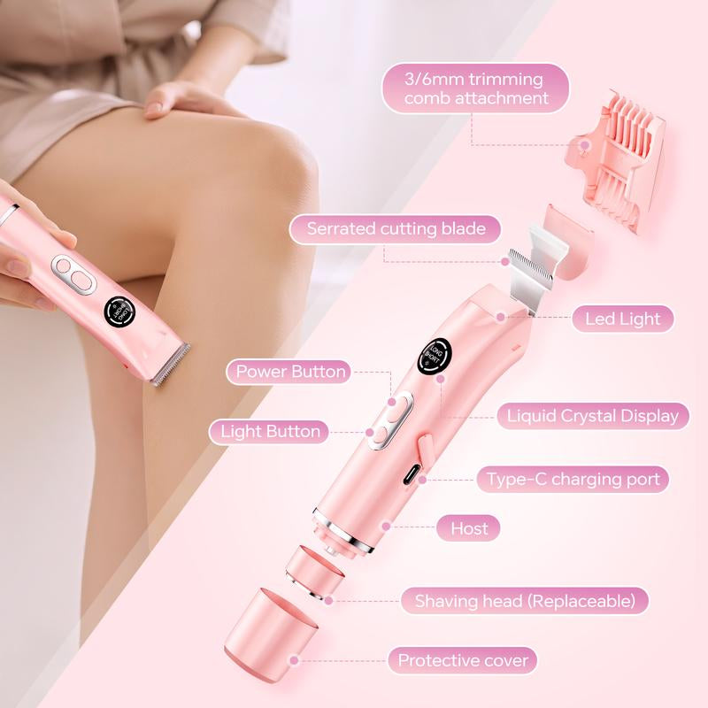 Bikini Trimmer and Shaver Kit for Women - 4-In-1 Wet/Dry Electric Body Hair Trimmer Facial Hair Removal Cordless Waterproof Bikini Shaver Razor for Face Lip Chin Underarm Legs Eyebrows Nose