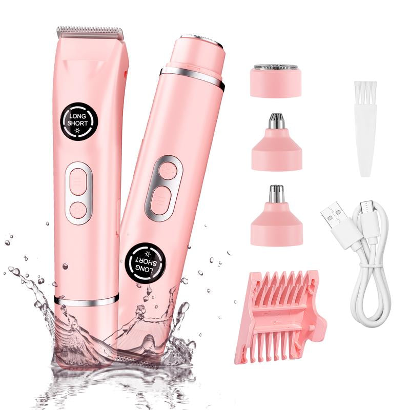 Bikini Trimmer and Shaver Kit for Women - 4-In-1 Wet/Dry Electric Body Hair Trimmer Facial Hair Removal Cordless Waterproof Bikini Shaver Razor for Face Lip Chin Underarm Legs Eyebrows Nose