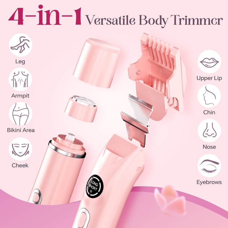Bikini Trimmer and Shaver Kit for Women - 4-In-1 Wet/Dry Electric Body Hair Trimmer Facial Hair Removal Cordless Waterproof Bikini Shaver Razor for Face Lip Chin Underarm Legs Eyebrows Nose