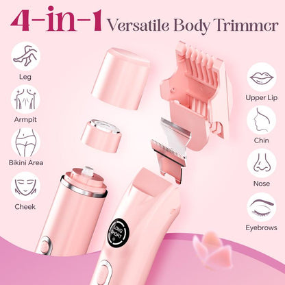 Bikini Trimmer and Shaver Kit for Women - 4-In-1 Wet/Dry Electric Body Hair Trimmer Facial Hair Removal Cordless Waterproof Bikini Shaver Razor for Face Lip Chin Underarm Legs Eyebrows Nose