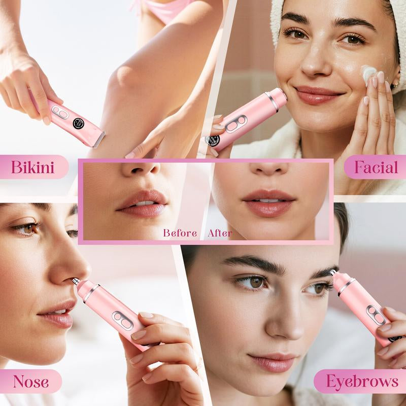 Bikini Trimmer and Shaver Kit for Women - 4-In-1 Wet/Dry Electric Body Hair Trimmer Facial Hair Removal Cordless Waterproof Bikini Shaver Razor for Face Lip Chin Underarm Legs Eyebrows Nose