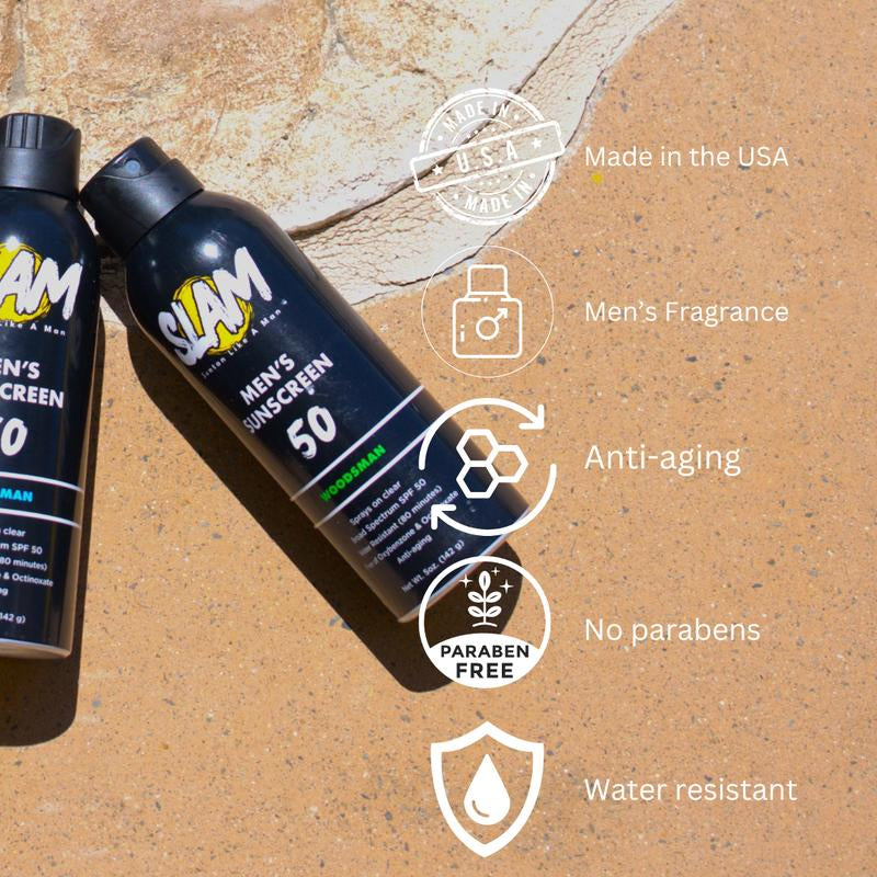 SLAM Men'S Scented Sunscreen Spray SPF 50, Manly Fragrance, Paraben-Free Formula for Younger Looking Skin, Beachman Aroma