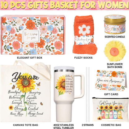 Christian Faith Gifts for Women - Religious Catholic Sunflower Inspirational Spiritual Gift for Mom, Grandma, Sister, Coworker with Makeup Bag and 40 OZ Tumbler