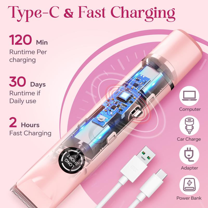 Bikini Trimmer and Shaver Kit for Women - 4-In-1 Wet/Dry Electric Body Hair Trimmer Facial Hair Removal Cordless Waterproof Bikini Shaver Razor for Face Lip Chin Underarm Legs Eyebrows Nose