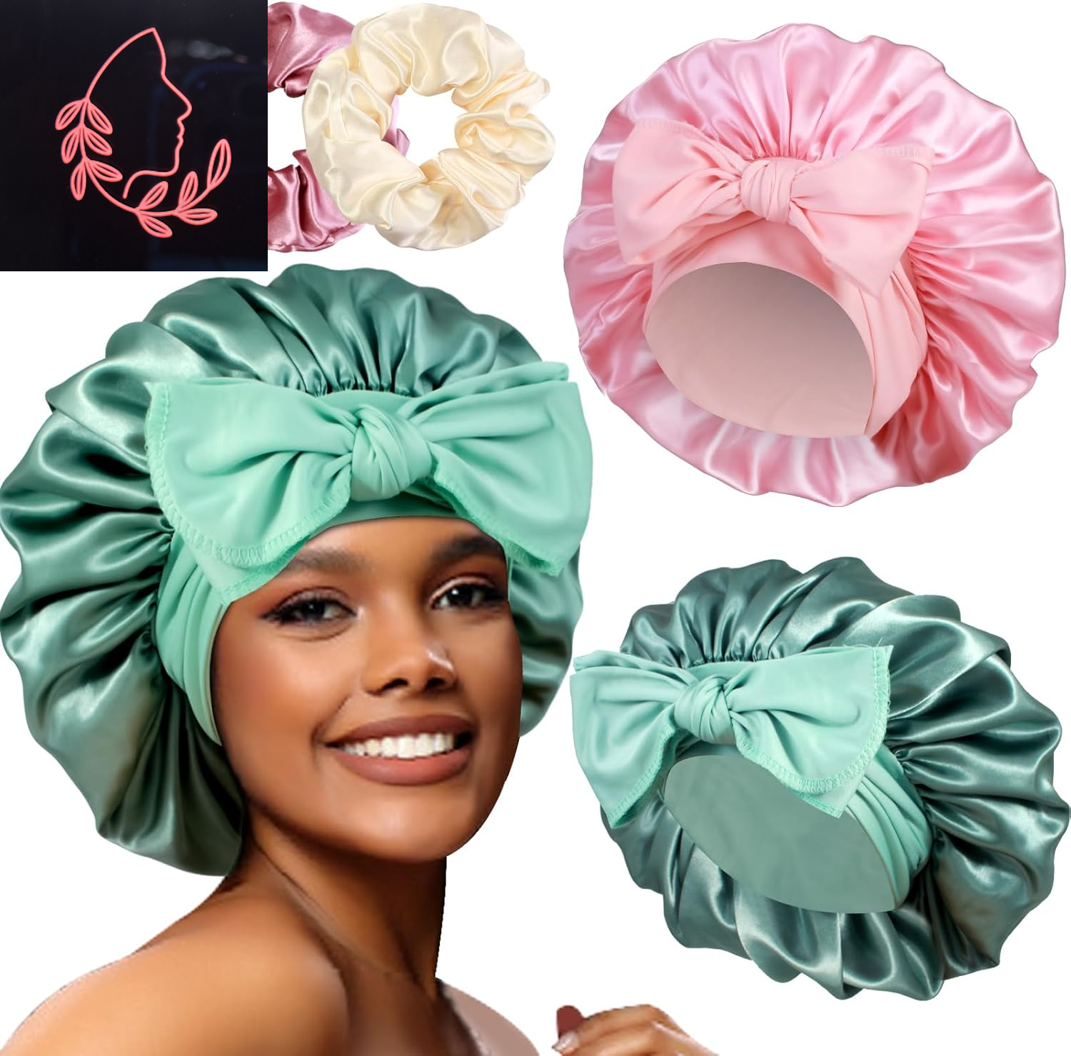 Luxurious 2-Pack Large Satin Bonnets with Scrunchies – Perfect Hair Protection for Braids and Curly Styles