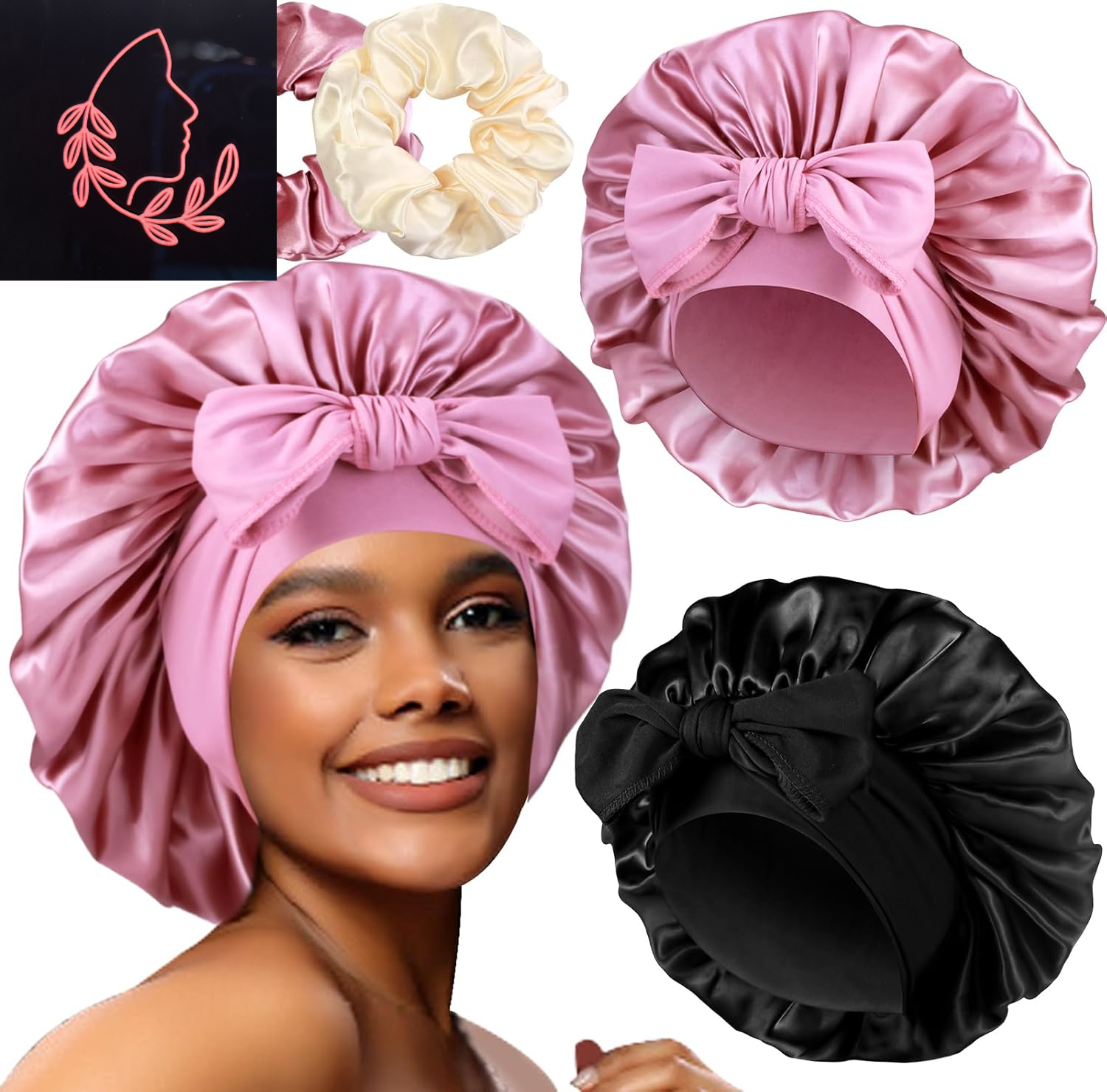 Luxurious 2-Pack Large Satin Bonnets with Scrunchies – Perfect Hair Protection for Braids and Curly Styles