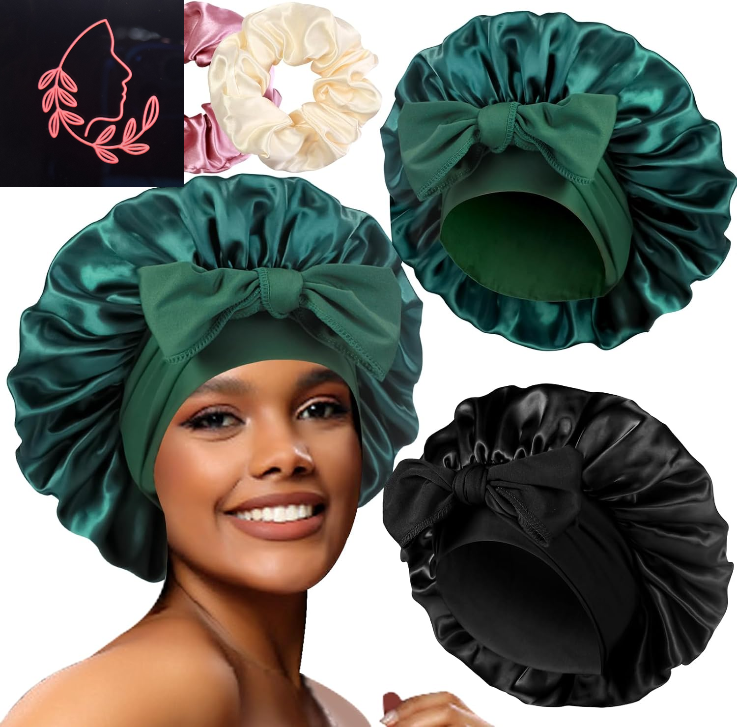 Luxurious 2-Pack Large Satin Bonnets with Scrunchies – Perfect Hair Protection for Braids and Curly Styles