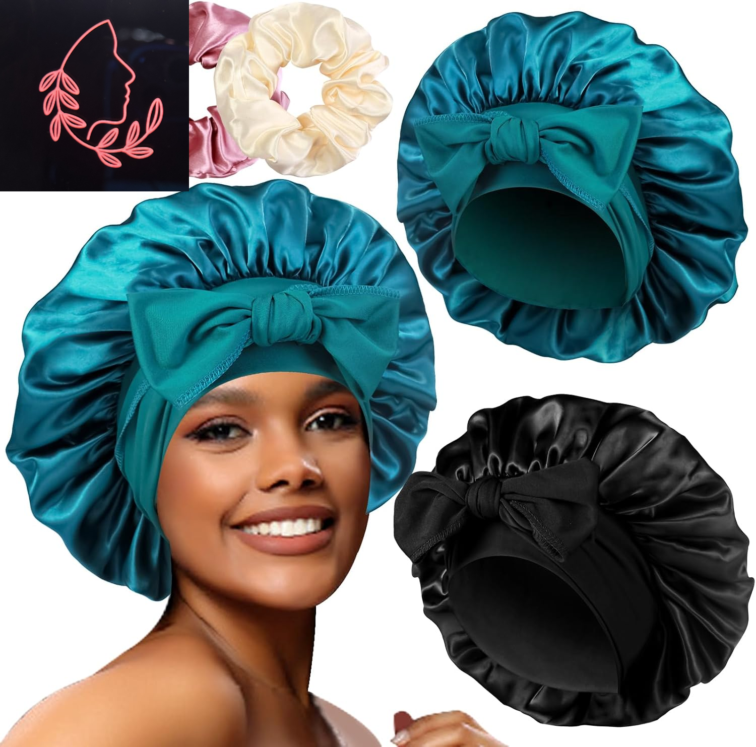 Luxurious 2-Pack Large Satin Bonnets with Scrunchies – Perfect Hair Protection for Braids and Curly Styles