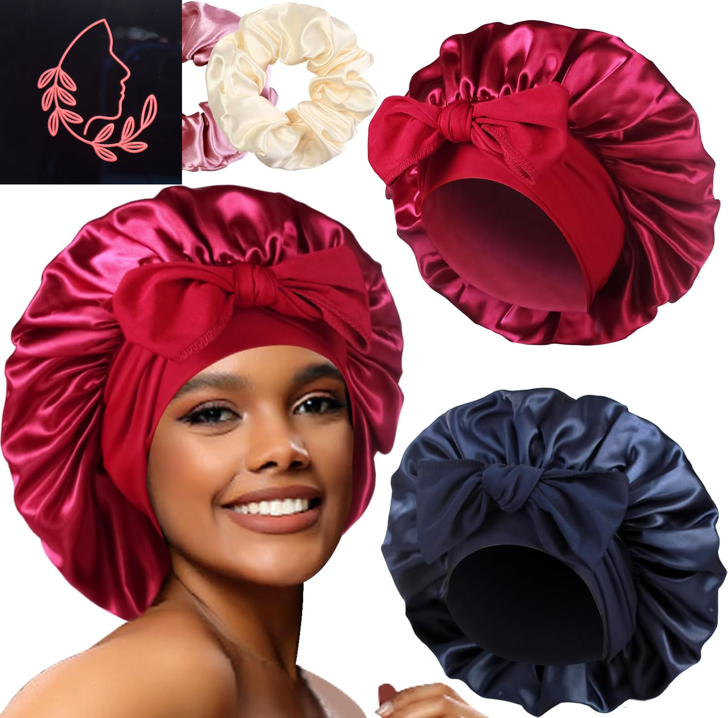 Luxurious 2-Pack Large Satin Bonnets with Scrunchies – Perfect Hair Protection for Braids and Curly Styles