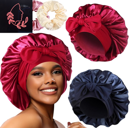 Luxurious 2-Pack Large Satin Bonnets with Scrunchies – Perfect Hair Protection for Braids and Curly Styles