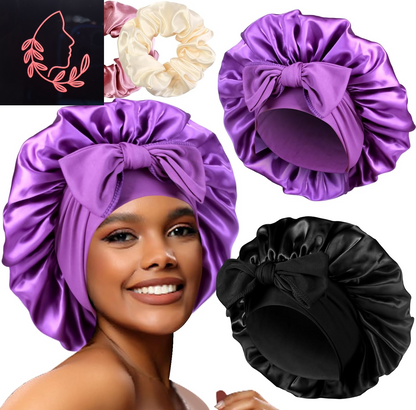 Luxurious 2-Pack Large Satin Bonnets with Scrunchies – Perfect Hair Protection for Braids and Curly Styles