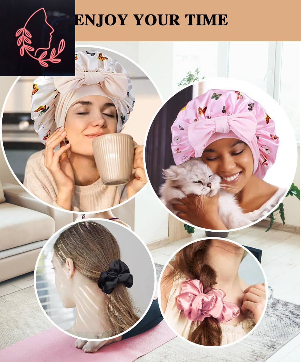 Luxurious 2-Pack Large Satin Bonnets with Scrunchies – Perfect Hair Protection for Braids and Curly Styles