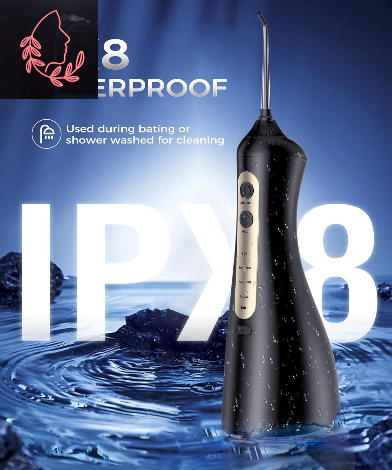 Ultimate Water Flosser with U-Shaped Tip - 8 Replacement Tips, 4 Modes, Rechargeable & Waterproof for Home & Travel, 350 ML Tank - Sleek Black Design
