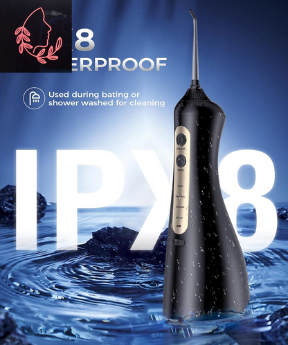 Ultimate Water Flosser with U-Shaped Tip - 8 Replacement Tips, 4 Modes, Rechargeable & Waterproof for Home & Travel, 350 ML Tank - Sleek Black Design