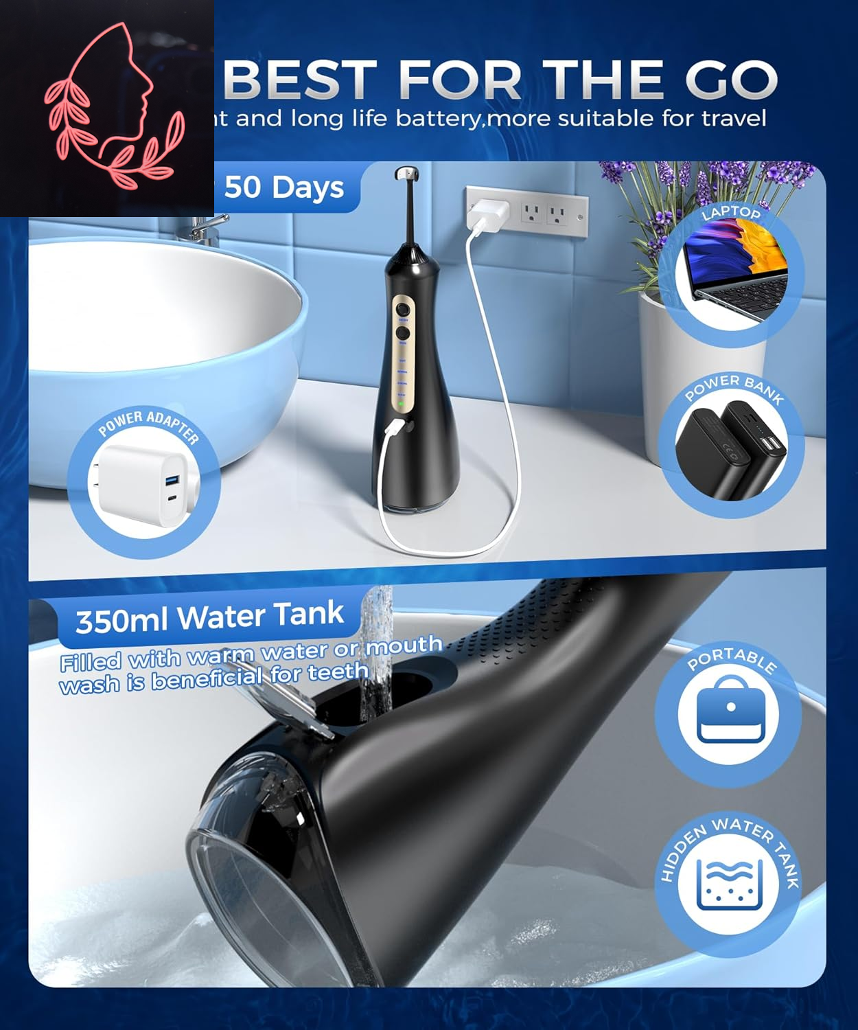 Ultimate Water Flosser with U-Shaped Tip - 8 Replacement Tips, 4 Modes, Rechargeable & Waterproof for Home & Travel, 350 ML Tank - Sleek Black Design