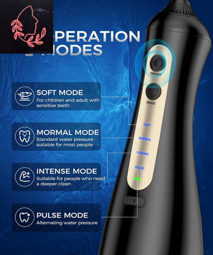 Ultimate Water Flosser with U-Shaped Tip - 8 Replacement Tips, 4 Modes, Rechargeable & Waterproof for Home & Travel, 350 ML Tank - Sleek Black Design