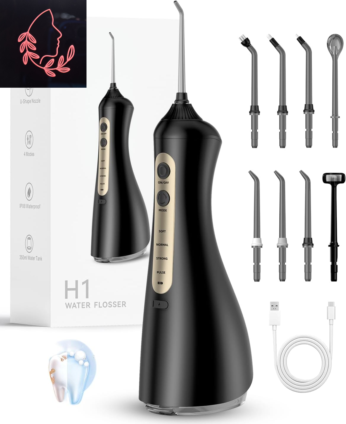Ultimate Water Flosser with U-Shaped Tip - 8 Replacement Tips, 4 Modes, Rechargeable & Waterproof for Home & Travel, 350 ML Tank - Sleek Black Design