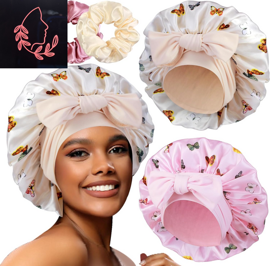 Luxurious 2-Pack Large Satin Bonnets with Scrunchies – Perfect Hair Protection for Braids and Curly Styles