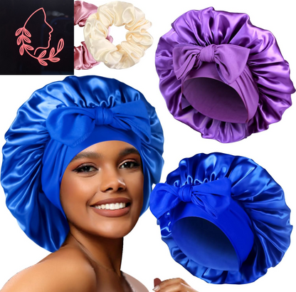 Luxurious 2-Pack Large Satin Bonnets with Scrunchies – Perfect Hair Protection for Braids and Curly Styles