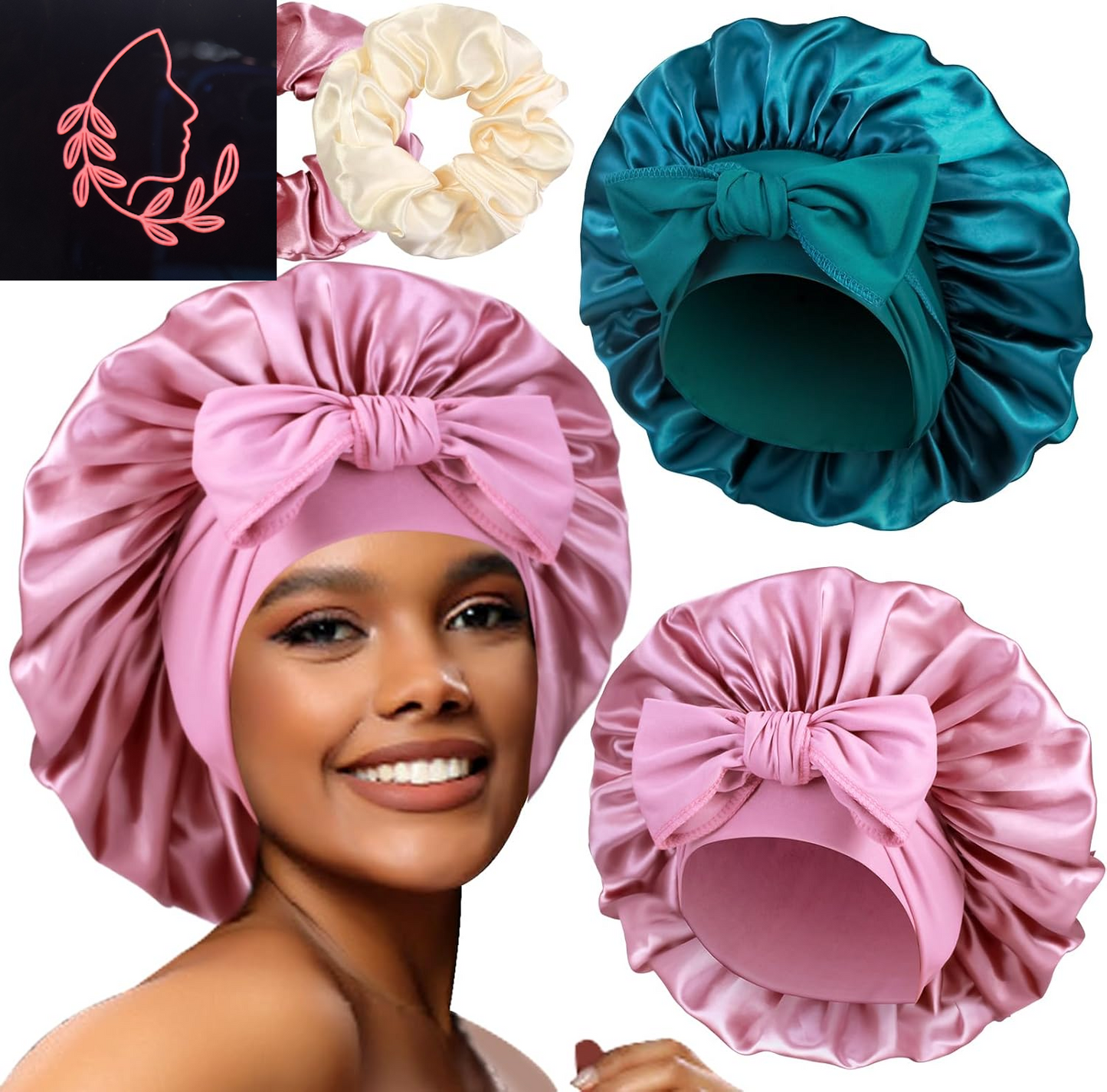 Luxurious 2-Pack Large Satin Bonnets with Scrunchies – Perfect Hair Protection for Braids and Curly Styles