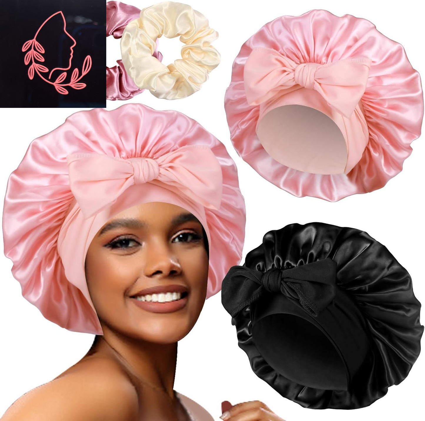 Luxurious 2-Pack Large Satin Bonnets with Scrunchies – Perfect Hair Protection for Braids and Curly Styles