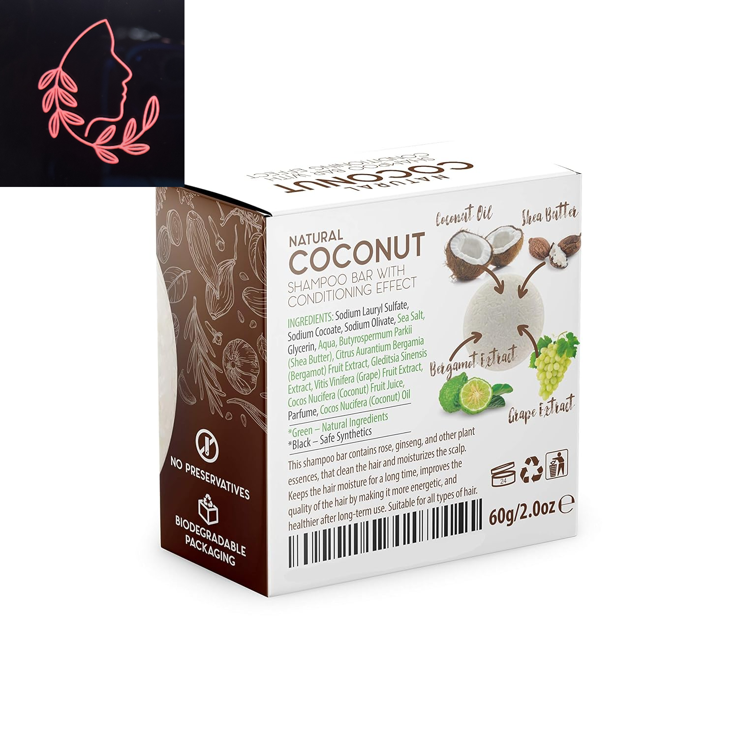 Solid Shampoo Bar and Conditioner Effect Hair Soap – 100% Organic Shampoo Bars for Hair with All Natural Plant Based Essential Oils and Zero Waste Biodegradable Packaging (Coconut)