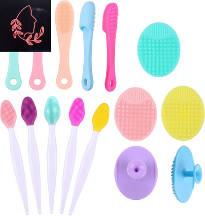 15-Piece Silicone Facial Cleansing Brush Set - 5 Face Scrubbers, 5 Nose Blackhead Removers & 5 Double-Sided Lip Exfoliators for Radiant Skin