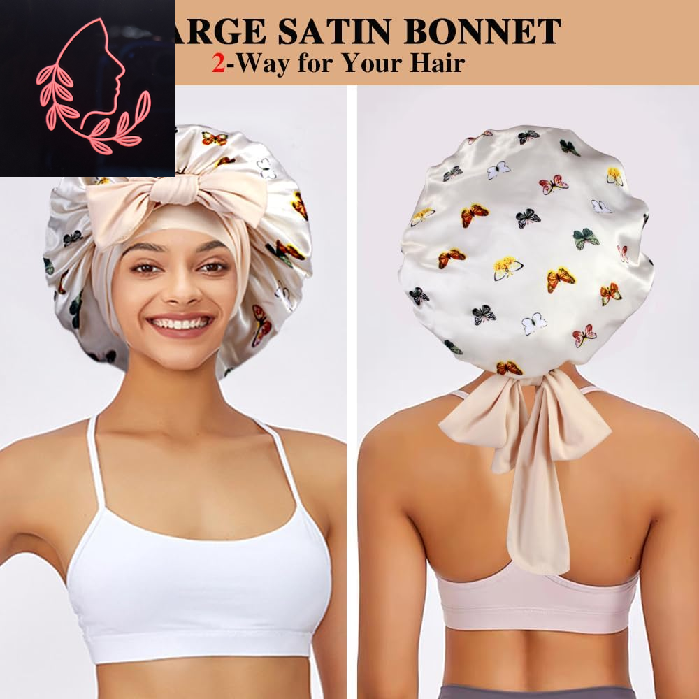 Luxurious 2-Pack Large Satin Bonnets with Scrunchies – Perfect Hair Protection for Braids and Curly Styles