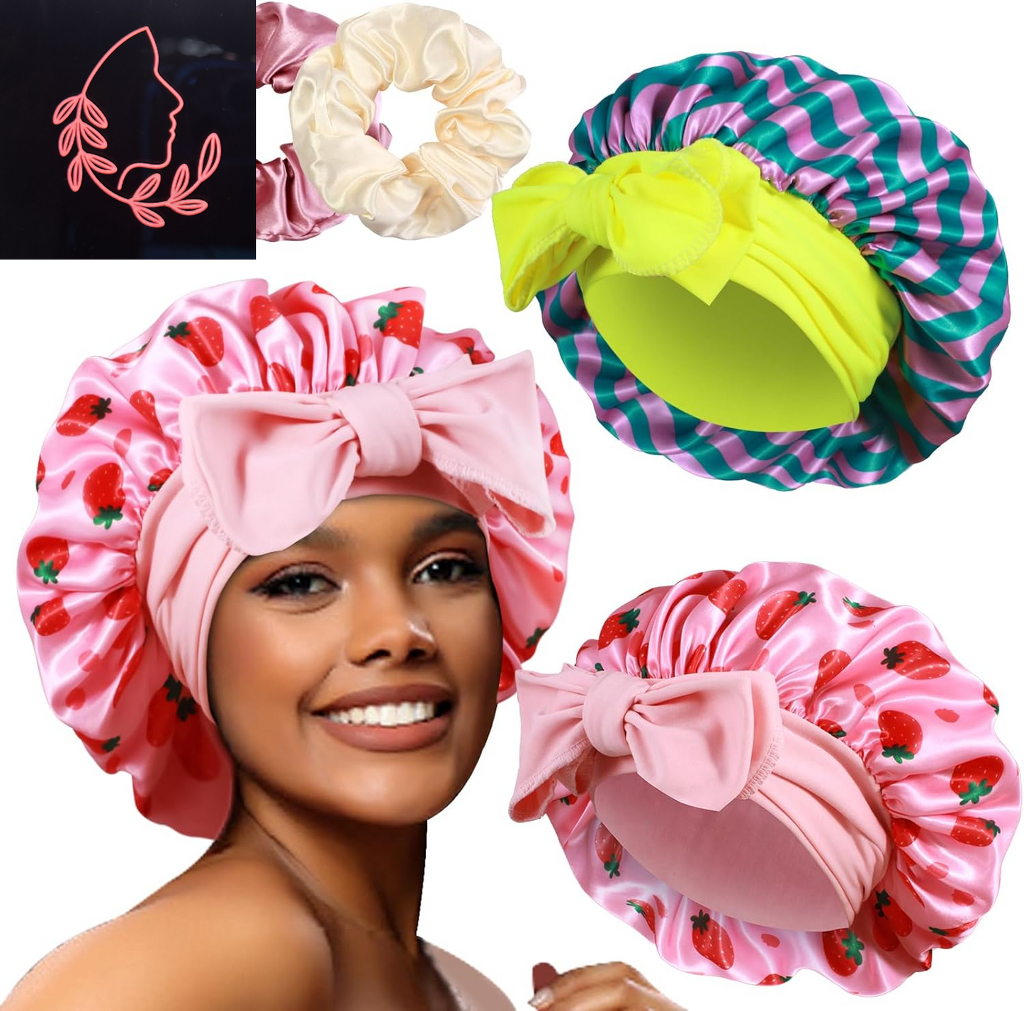 Luxurious 2-Pack Large Satin Bonnets with Scrunchies – Perfect Hair Protection for Braids and Curly Styles