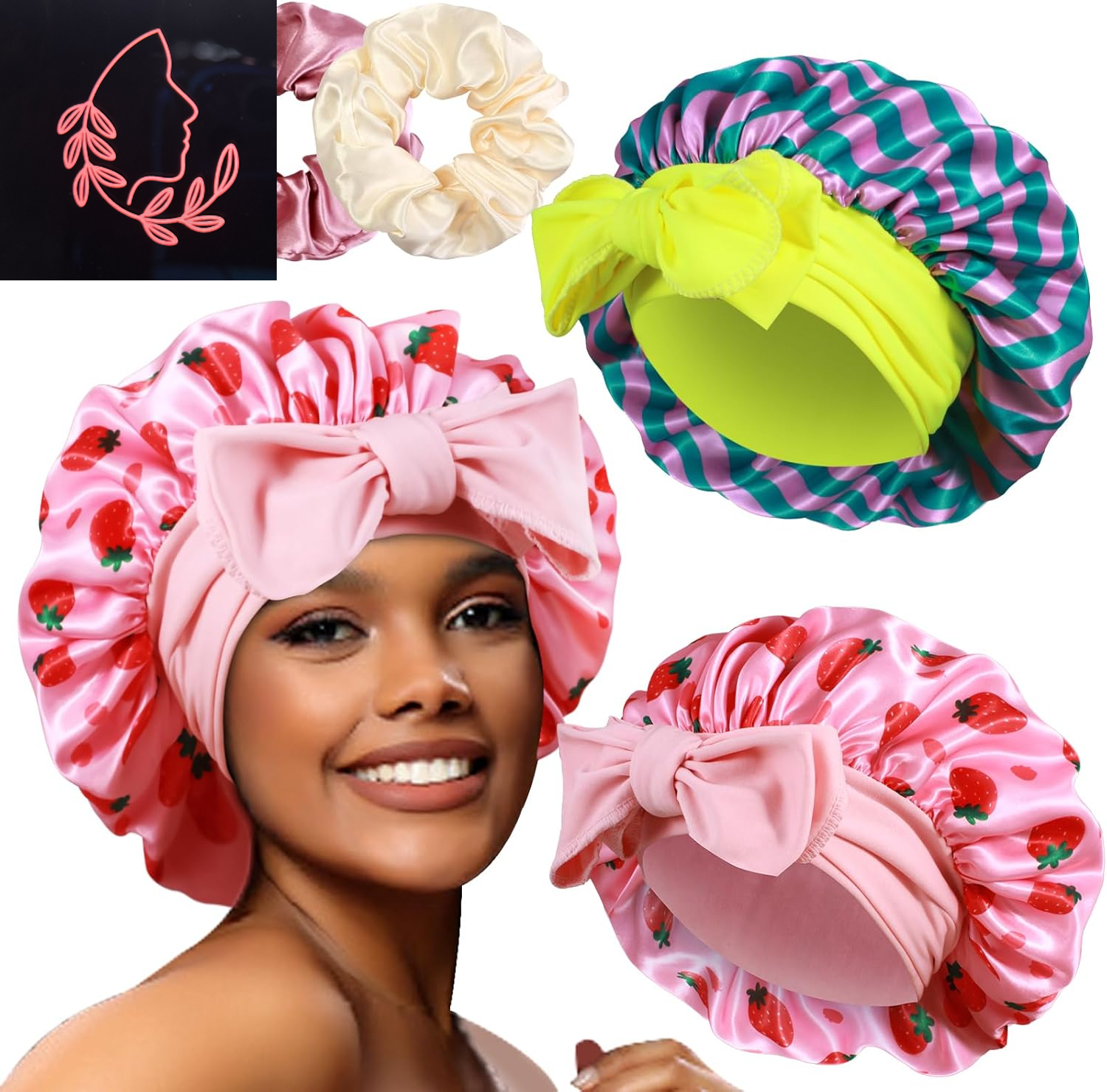 Luxurious 2-Pack Large Satin Bonnets with Scrunchies – Perfect Hair Protection for Braids and Curly Styles
